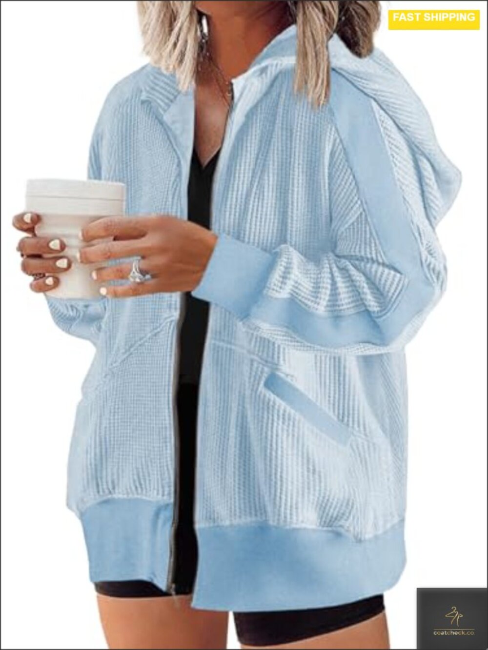 Plus Size Zip Up Hoodie Oversized Waffle Knit Sweatshirt
